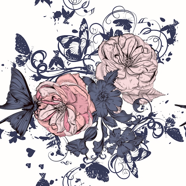 Rose background and illustrated leaves