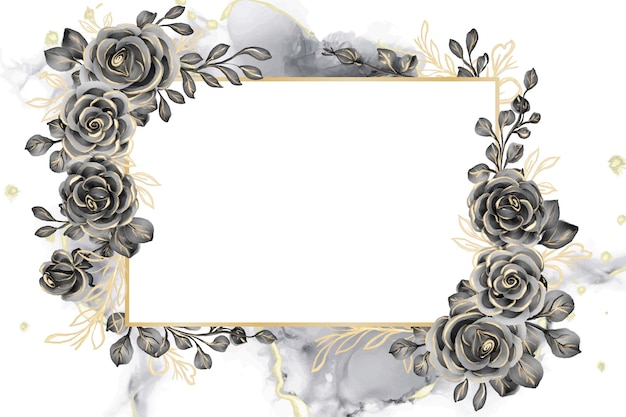 Rose black and gold watercolor background floral frame with white space