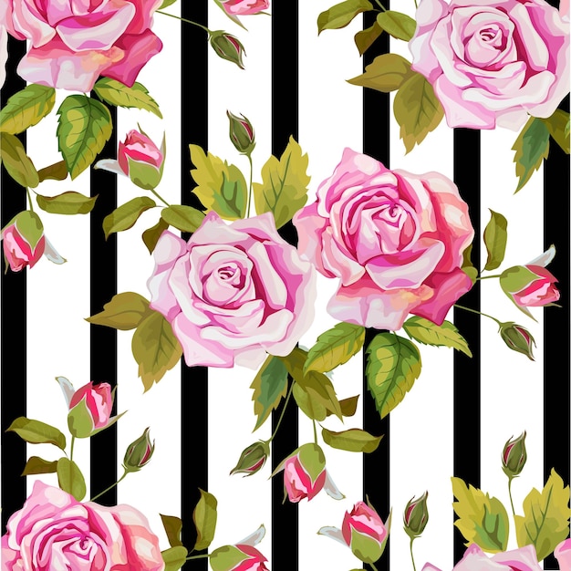 Rose blooming bouquet on stripe black and white color seamless pattern