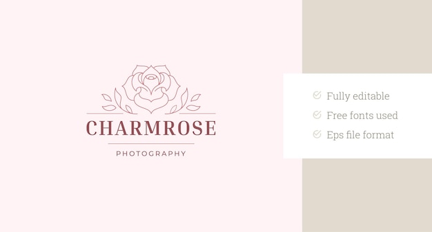 Vector rose flower bud with leaves line art logo design template for cosmetic brand vector