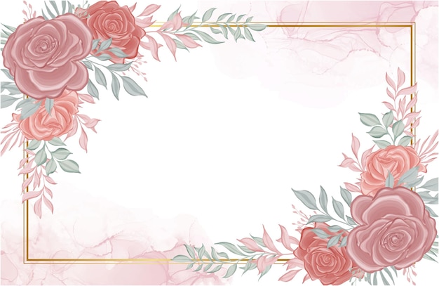 Rose flower frame with gold geometric watercolor decoration