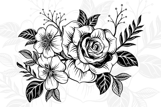 Rose flower line art with leaf clipart Floral composition Hand drawn floral decorative bouquet