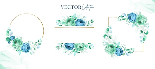 Rose flower watercolor frame wreath with gold frame design bouquet flower design vector