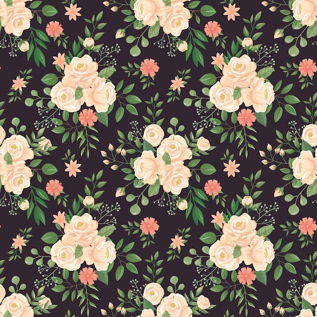 Rose flowers pattern. Roses black print, flower buds and floral seamless  dark background illustration