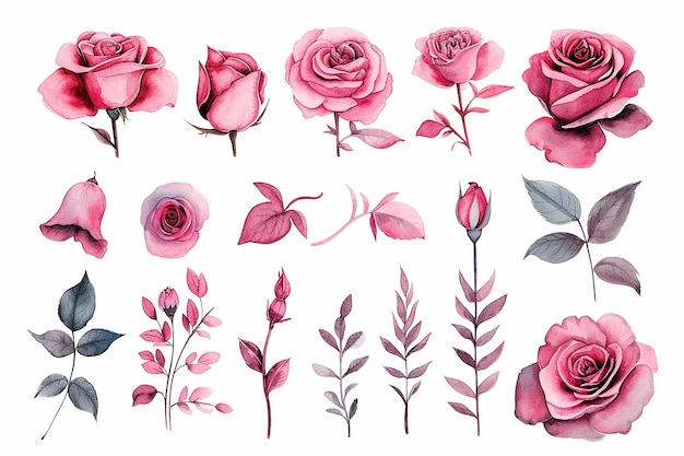 Vector rose flowers watercolor set collection of pink or red roses and yellow gold color branch leaves isolated on white background vector illustration