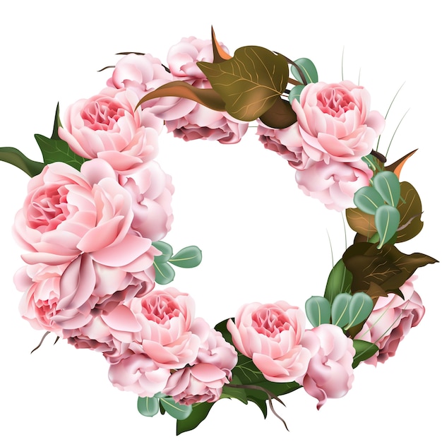 Rose flowers wreath template Vector. Realistic 3d decor illustration