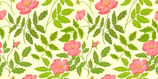 Rose hip pattern seamless background with pink flowers green leaves Wild roses wallpaper design