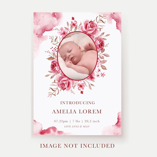 Rose pink flower watercolor Baby announcement template