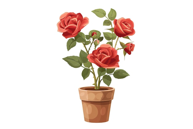 Rose plant in a pot in flat design on white background Idea for Valentines Day card poster banne