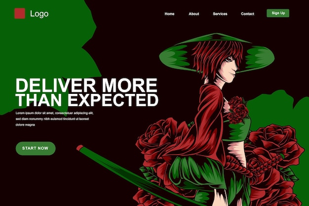 rose samurai cartoon anime landing page template