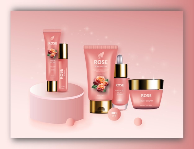 Vector rose skin care product set beauty care cosmetics set and cosmetic promotional banner