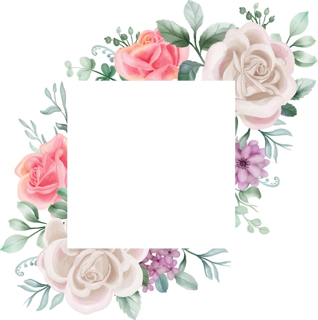 Rose white and pink Watercolor floral frame Luxurious floral elements botanical background