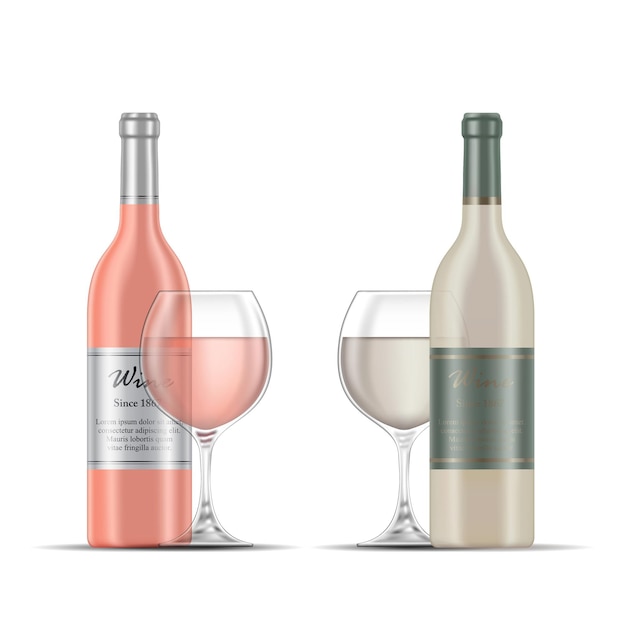 Rose Wine and White Wine Glasses and Wine Bottles