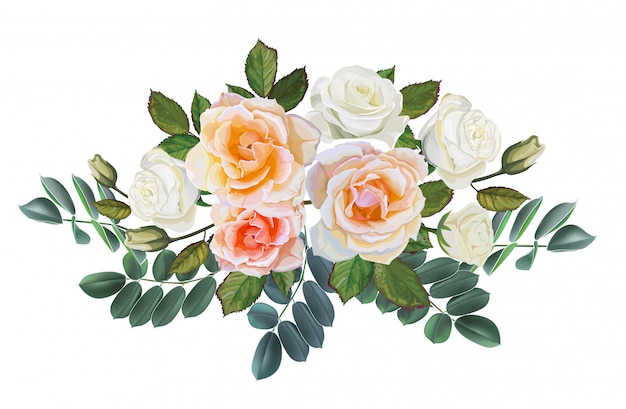 Rose with leaves bouquet isolated on white 