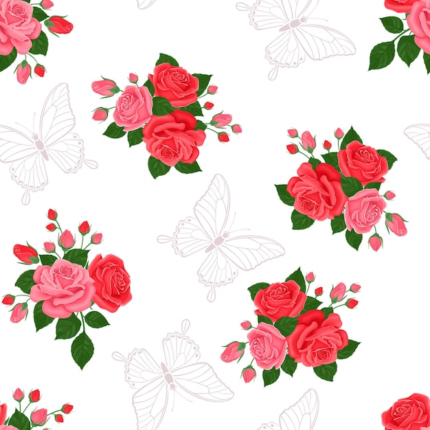 Roses flowers and butterflies seamless pattern