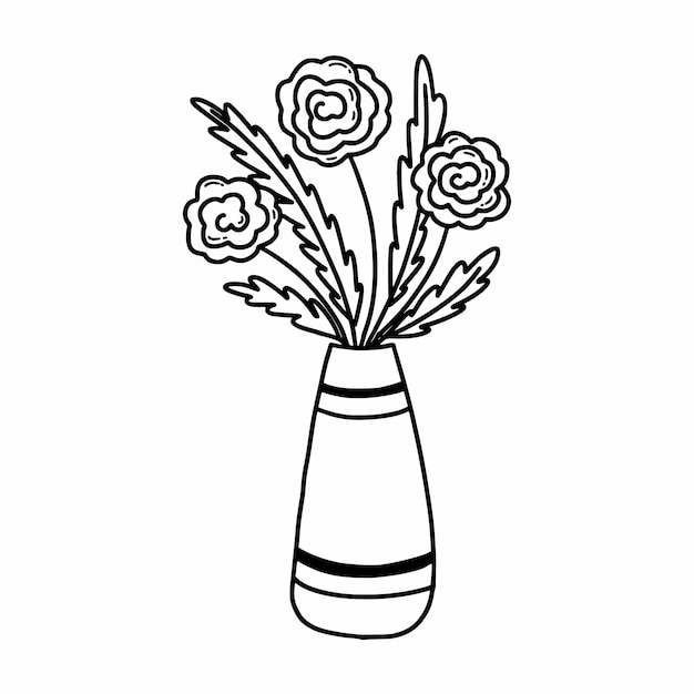 Roses in vase Vector doodle illustration Postcard decor element Flowers