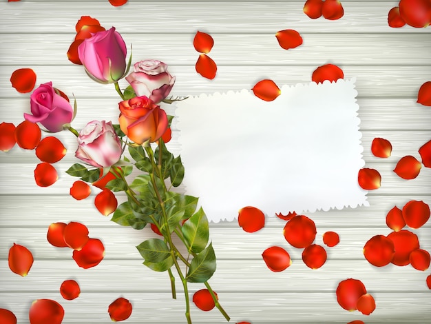 Vector roses on wooden background. 