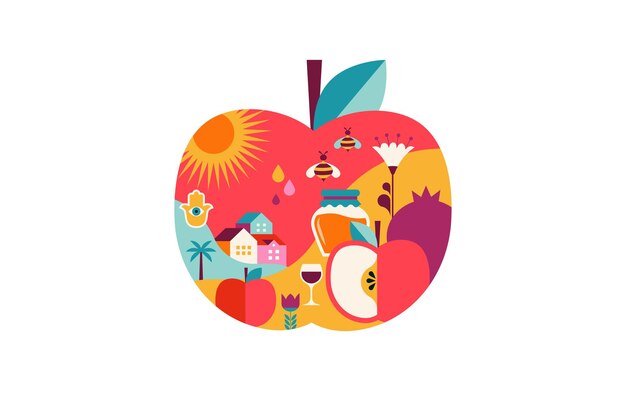 Vector rosh hashanah background apple banner with flat geometric pattern shana tova happy jewish new year concept design