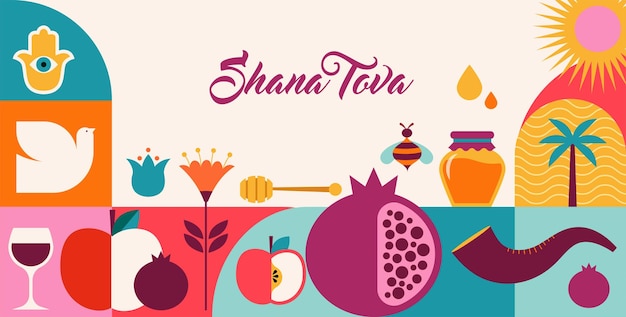 Vector rosh hashanah background banner geometric style shana tova happy jewish new year concept design