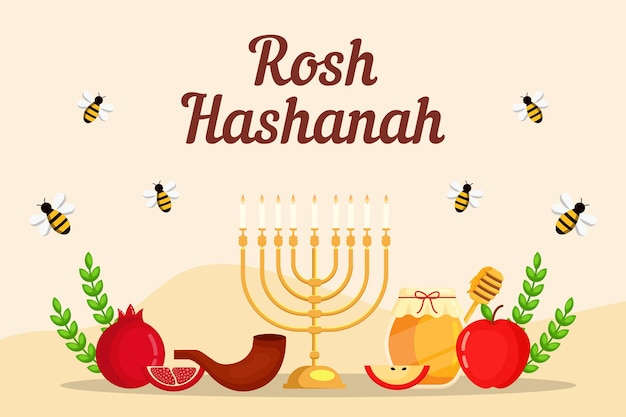 Rosh hashanah background illustration with fruits honey and bees