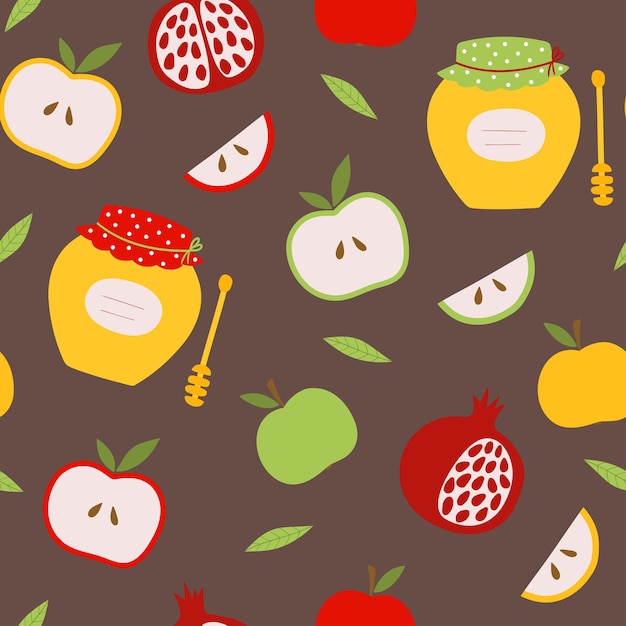 Rosh Hashanah Jewish New YearSeamless pattern with Apple pomegranate and honey