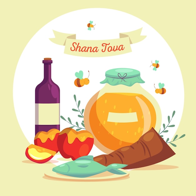 Vector rosh hashanah with honey and apple