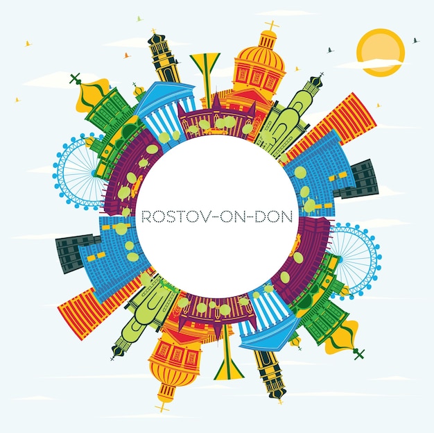 RostovonDon Russia City Skyline with Color Buildings Blue Sky and Copy Space Vector Illustration RostovonDon Cityscape with Landmarks