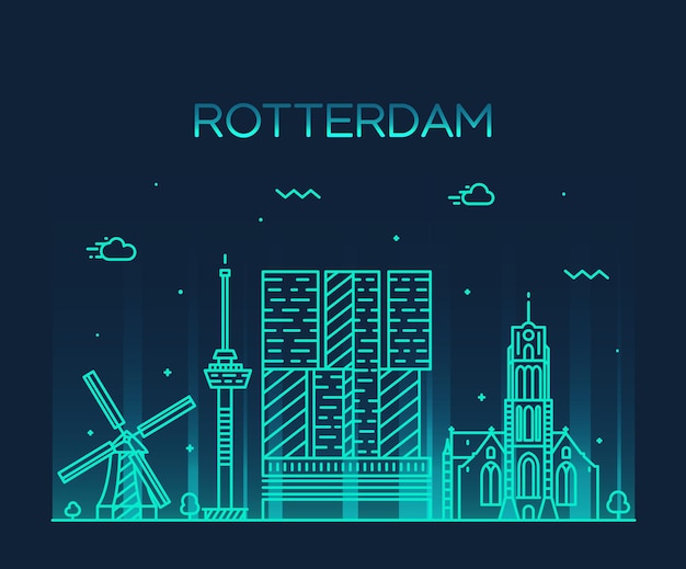 Rotterdam skyline, detailed silhouette. Trendy vector illustration, linear style