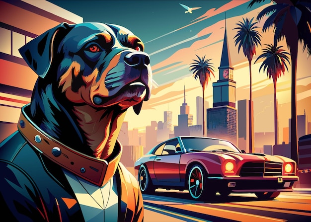 Vector rottweiler guards a sports car leather studded pet collar dynamic scene in comics style gta 5