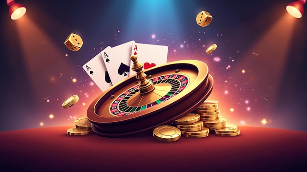 Roulette wheel with cards and golden dice