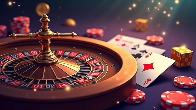 Roulette wheel with cards and golden dice