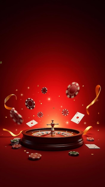 Roulette Wheel with Flying Cards and Chips on Red Background