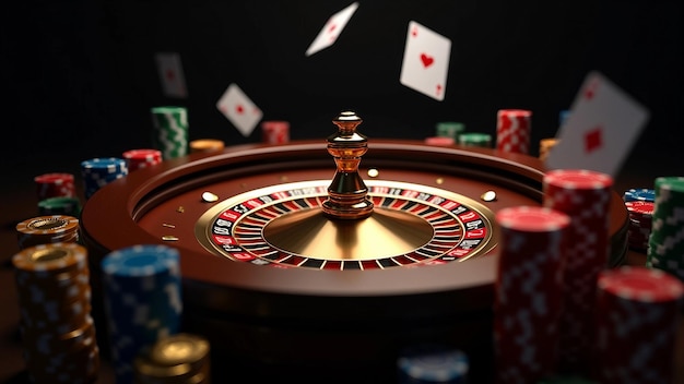 Roulette wheel with poker chips flying cards and coins