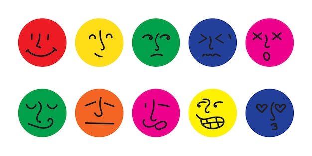 Round abstract comic face with various Emotions