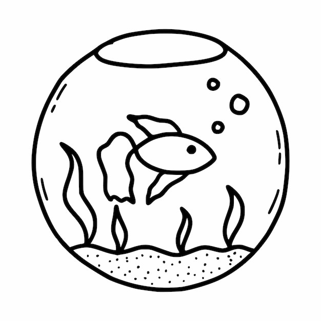 Round aquarium with goldfish Coloring book for kids Fish Vector doodle illustration