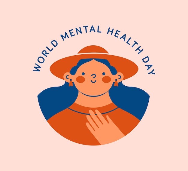 Round avatar icon logo template Portrait of young woman in hat with text World Mental Health Day