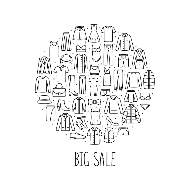 Round banner Big Sale with man and woman clothes and accessories icon vector illustration