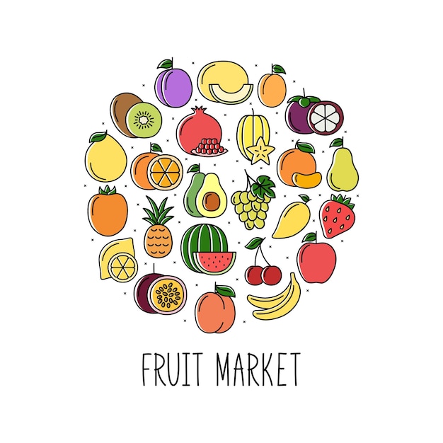 Round banner with color fruits icons Design for market and store vector illustration