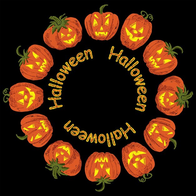 Vector round border of drawn cheerful halloween pumpkins