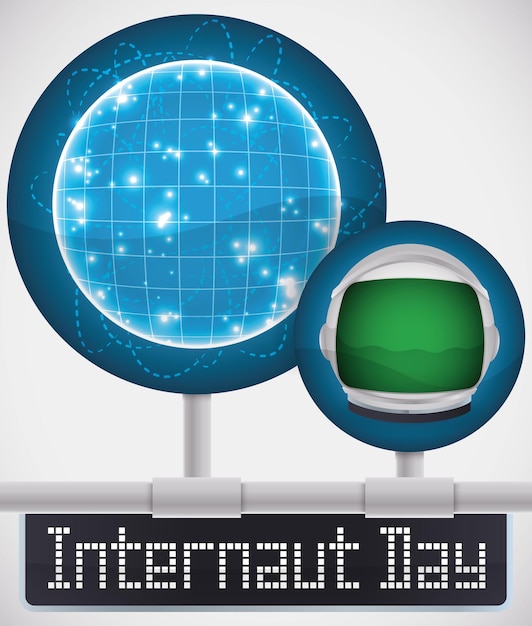 Round button with globe network and astronaut helmet connected to the Web to celebrate Internaut Day