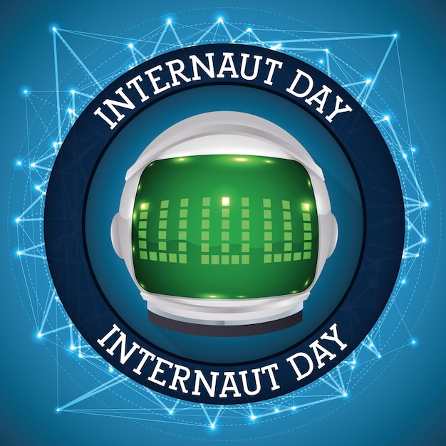 Round button with glowing digital connections and an astronaut helmet to celebrate Internaut Day