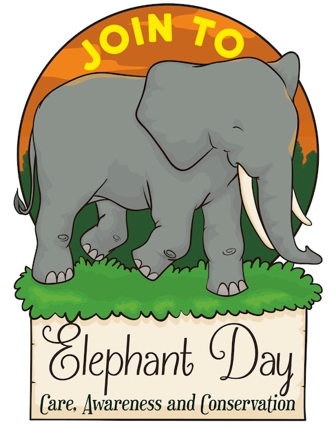 Round button with happy elephant walking outdoors freely over sign promoting Elephant Day