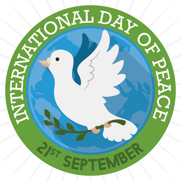 Round button with a white dove holding a olive branch and flying for International Day of Peace