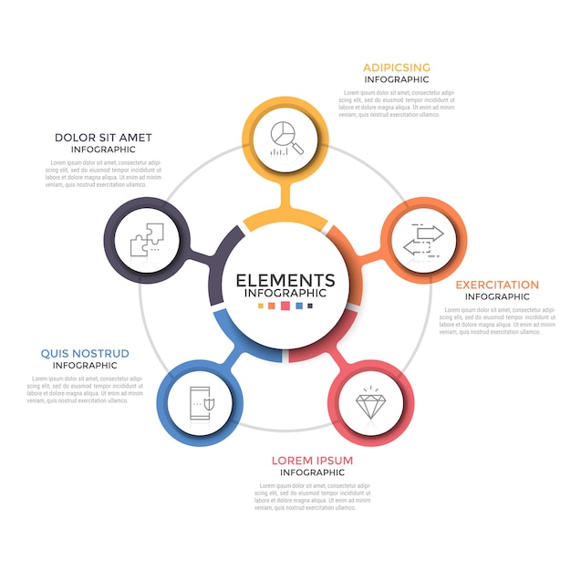 Round chart. Five colorful circular elements with thin line icons inside placed around central one. Concept of 5 business options to choose. Simple infographic design layout. Vector illustration.