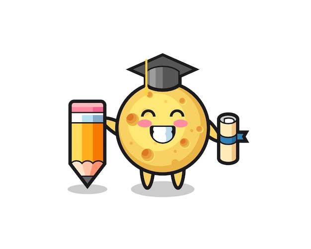 Round cheese illustration cartoon is graduation with a giant pencil , cute style design for t shirt, sticker, logo element