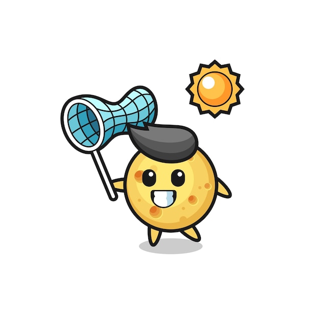 Round cheese mascot illustration is catching butterfly , cute style design for t shirt, sticker, logo element