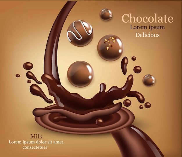 Round chocolates with splash Vector realistic. Detailed 3d illustration mock up templates