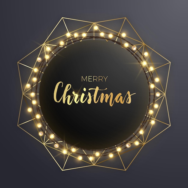 Round Christmas design with light bulb garland and gold decorative geometric wreath on dark backround Vector illustration Template for banner card or flyer