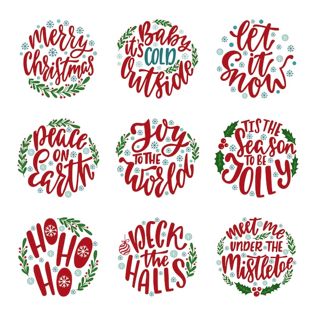 Round Christmas Ornament with hand drawn lettering text. Holiday decoration.