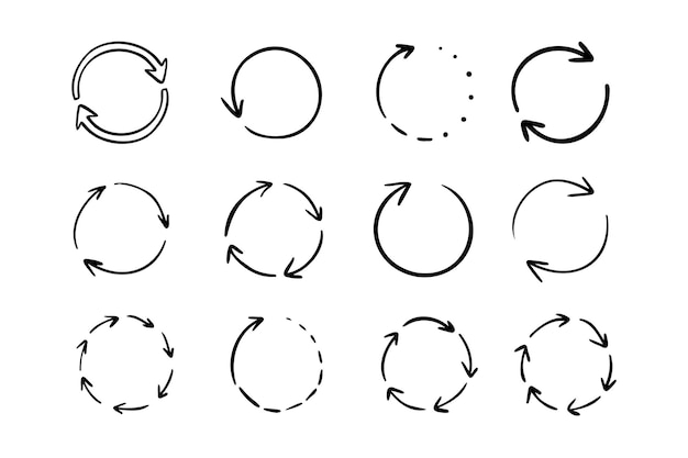 Vector round circle doodle arrows hand drawn arrow icons set recycle sketch signs repeat line symbols